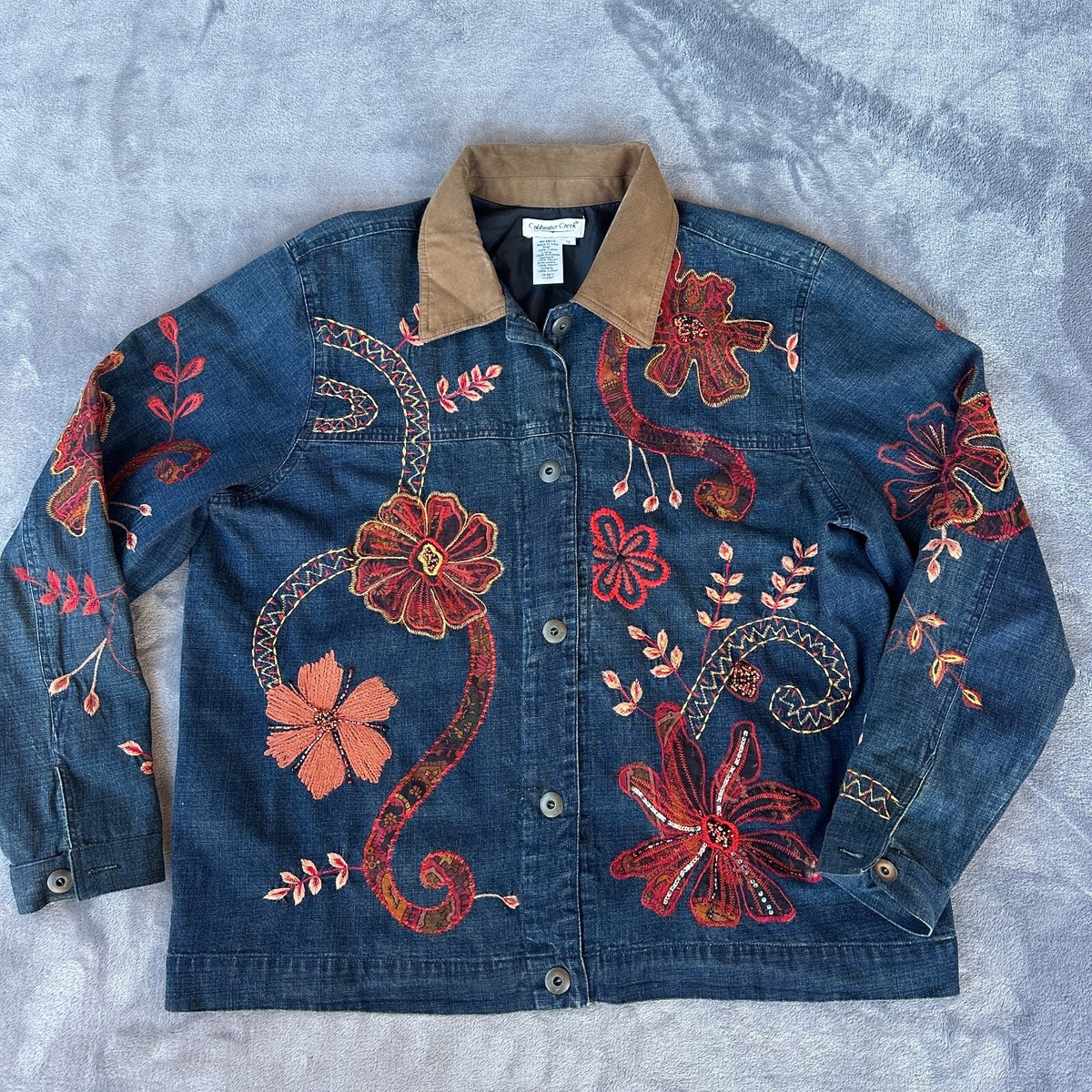 Coldwater Creek Denim Jacket Womens 1X Floral Embroidered