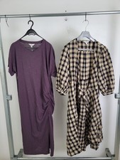 M&S 2Pcs Bundle Size 16 Plum Ruched T-Shirt Dress Brown Gingham Dress New