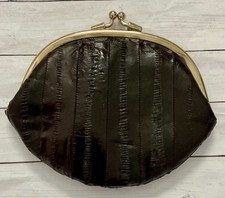 Dark Brown Eel Skin Double Coin Change Purse with Gold Hardware Kiss Lock