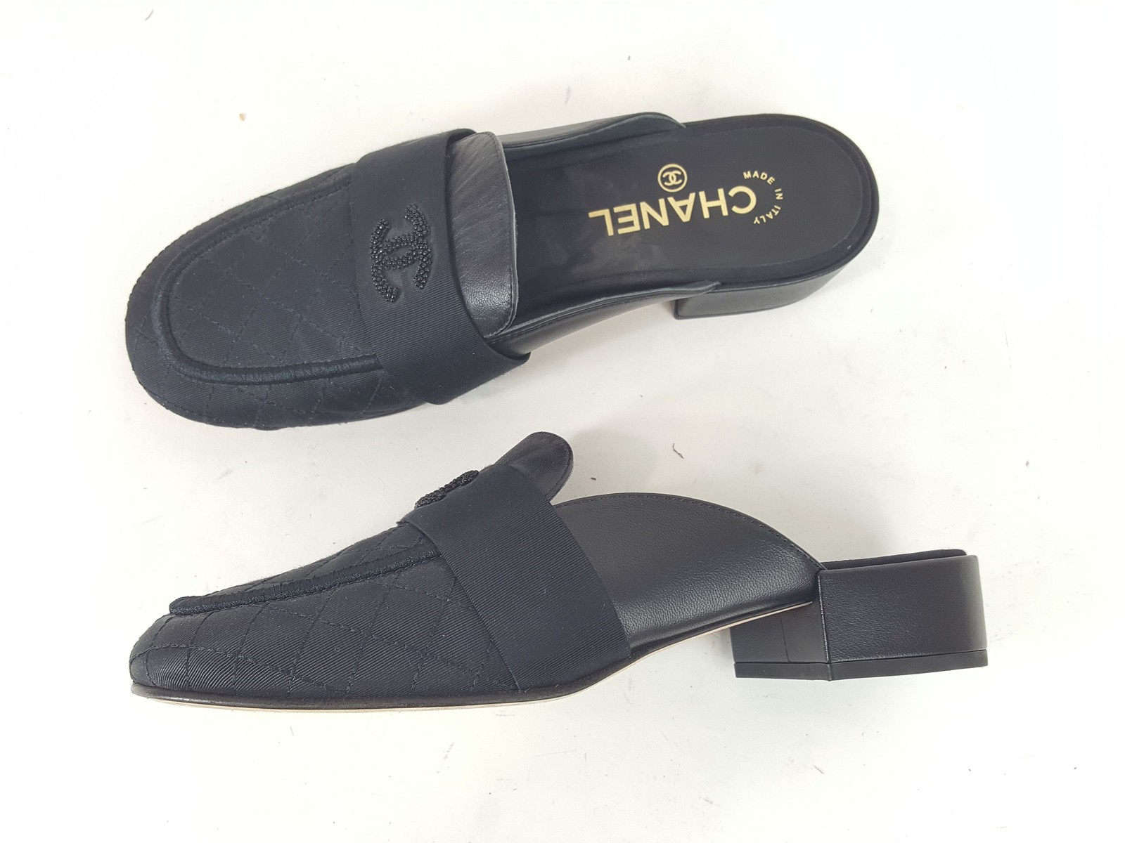 Chanel Black Quilted CC Logo Beaded Mules Size 38.5