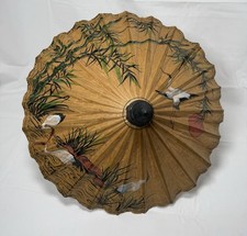 Vintage Antique Asian Rice Paper and Bamboo Parasol Umbrella Hand Painted Japan