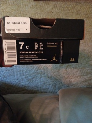 Jordan 14 Retro (TD) White/Black Varsity Red Size 7c Toddler In Original Box