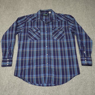 Jonathan Chase Men's Casual Snap-Down Shirt Blue Plaid Large Cotton