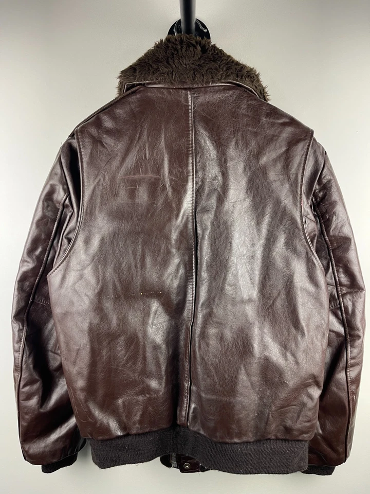 Vintage 80s Excelled Flight Bomber Fur Collar Brown Leather Jacket Size L - Image 2 of 4