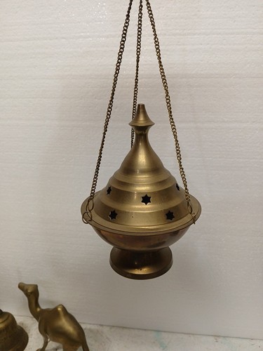 Vintage Brass Hanging 3 Chain Incense Burner 6” Tall x 4.5" Diameter