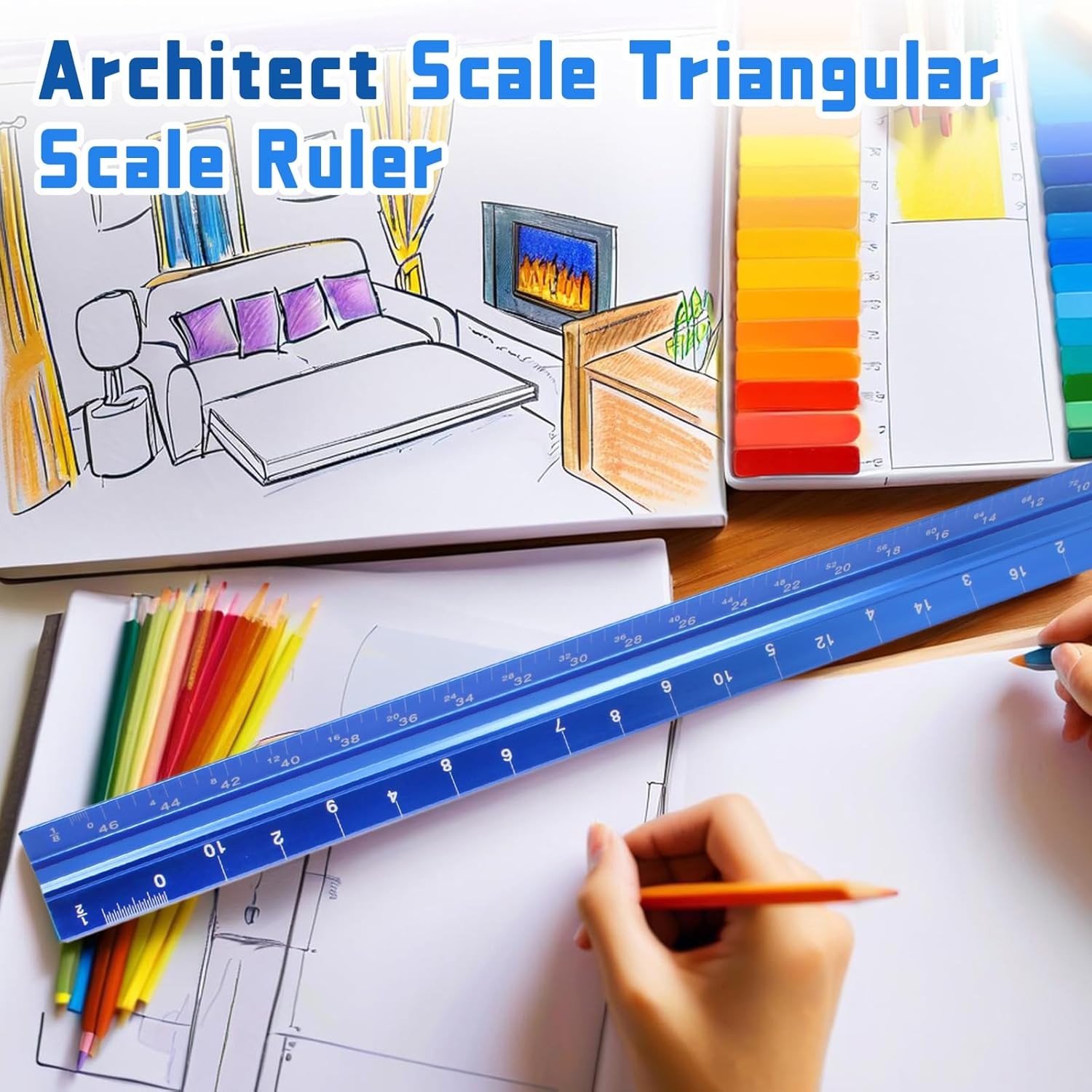 Biaungdo Architectural Scale Ruler, 12 Inch Solid Aluminum Triangular Blue 