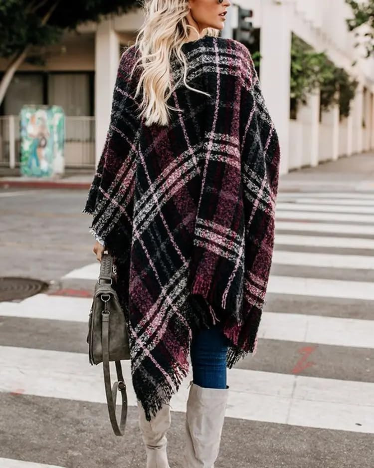 Women's Boho Open Front Poncho Knitted Plaid Shawl Wrap One Size #01 Wine Red image 6