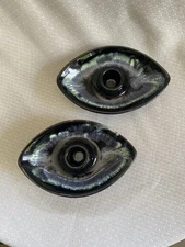 Royal Haeger Eye Candleholders Pair Vintage Black Green White Glaze