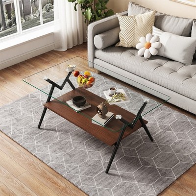 38.6'' Black Metal Rectangular Glass Coffee Table, Tempered Top Living Room