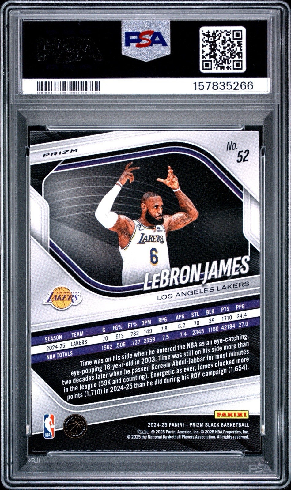 Panini 2024-25 Prizm Black LeBron James #52 Silver Prizm PSA 9 Lakers NBA view 2
