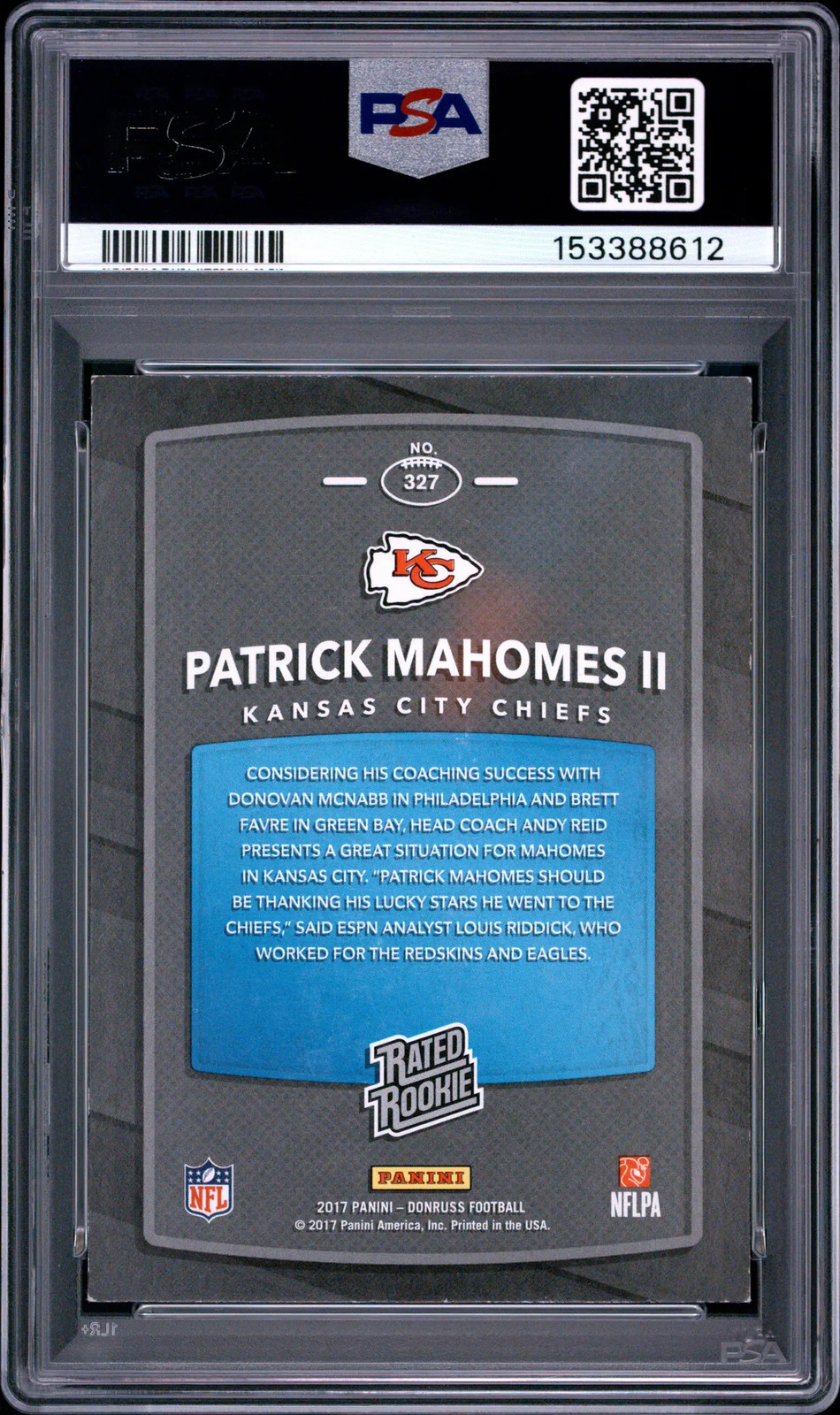 2017 Panini Donruss Patrick Mahomes II #327 PSA 5 view 2
