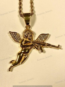 Authentic Moissanite Small Baby Cupid Love Angel Wings Gun Pendant 14K Yellow Gold Plated