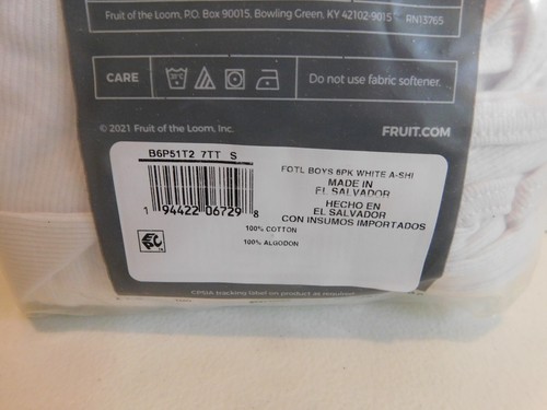 Fruit of the Loom Boy's 6 Pack Tanks Undershirt White Size S 6-8 - Picture 6 of 6