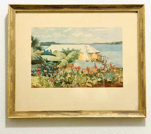 Vintage 1899 W. Homer Flower Garden and Bungalow Bermuda Framed Watercolor Print