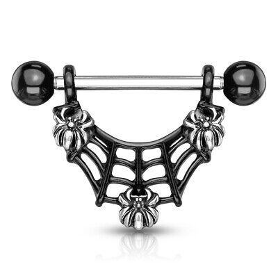 14g 9/16" Black IP Spider Web Dangle Nipple Ring Barbell 316L Surgical Steel 14g 9/16" Black IP Spider Web Dangle Nipple Ring Barbell 316L Surgical Steel