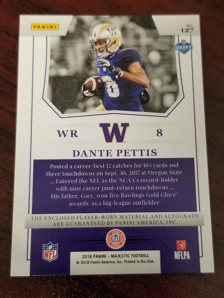 2018 Majestic Rookie Jersey Auto Dante Pettis Washington 49ers #'d 145/199 - Image 2 of 2