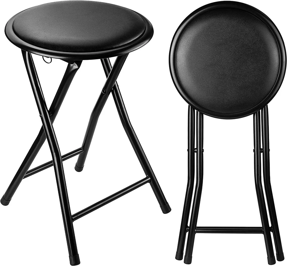 BLACK FOLDING STOOL ROUND FOLDABLE METAL FOR SPACE SAVING STOOLS PADDED SEAT NEW - Image 2 of 4