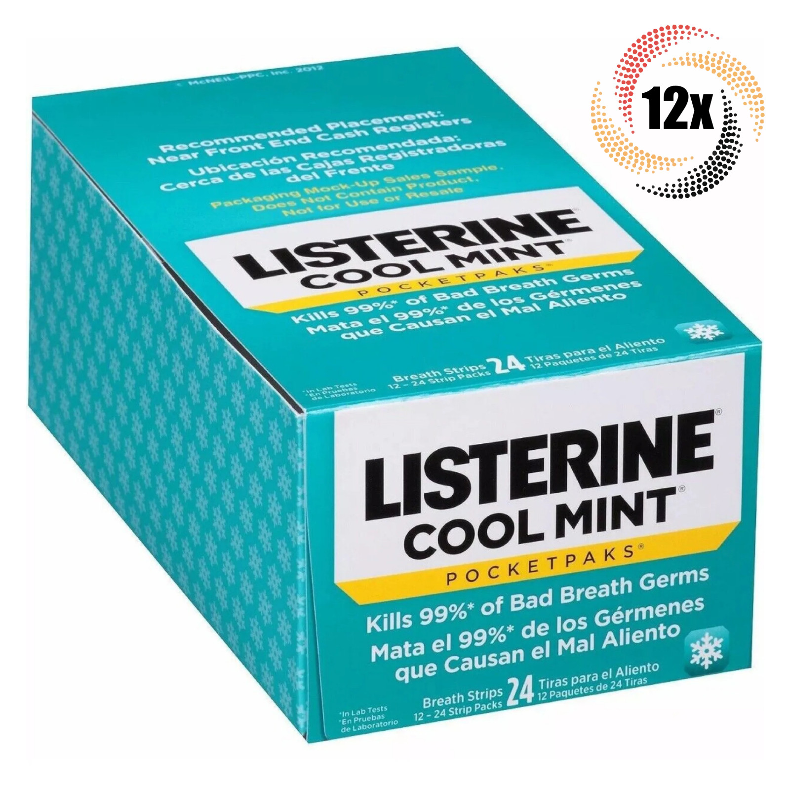 Полная коробка, 12 упаковок Listerine Cool Mint Pocketpaks с полосками для дыхания | 24 штуки в упаковке