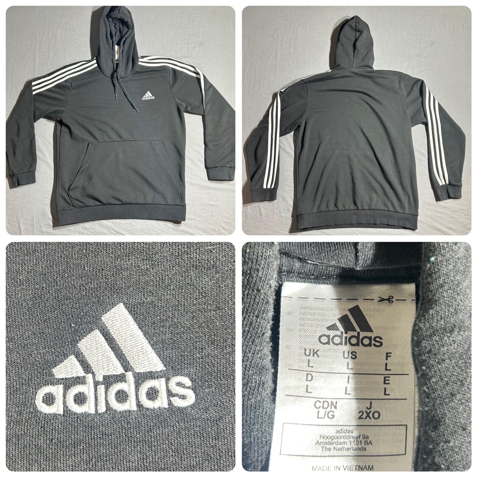 Adidas Sweatshirt Men’s L Large Black 3 Stripe Long Sleeve Athletic Hoodie