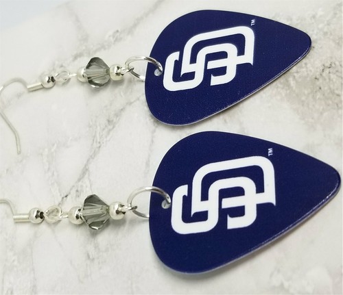 MLB San Diego Padres Guitar Pick Earrings with Gray Swarovski Crystals - Picture 2 of 3
