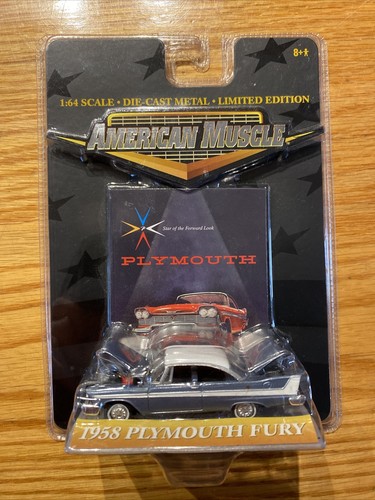 American Muscle 1958 Plymouth Fury, 1:64 Scale Blue And White 2000 New Sealed - Picture 1 of 10