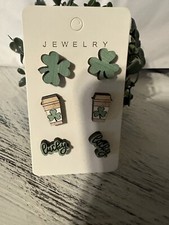 Irish St. Patrick  s day clover, coffee, lucky wooden stud earrings
