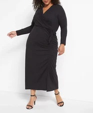 LANE BRYANT BLACK LONG SLEEVE CROSSOVER SIDE-RUCHED MAXI DRESS PLUS Sz 30/32