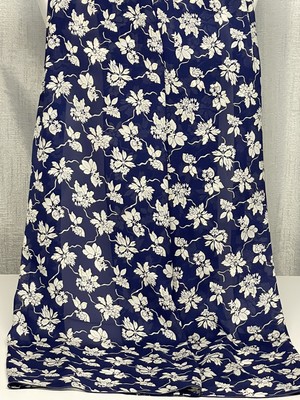 100% Mulberry Silk Scarf Georgette White & Yellow Flowers on Navy Blue 50x190cm
