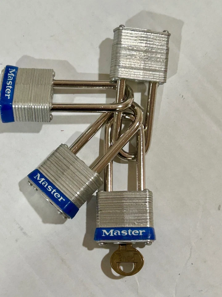 Set of 4: MASTER LOCK Padlock: Keyed Alike, Steel, Extended, Blue. One key.   - Image 3 of 4