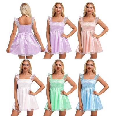DE Damen Glitzer Kleid Nachtkleid Ärmellose Tütü Kleid Mini Tüllrock Unterwäsche
