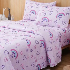 Full Size Sheet Set for Kids, Rainbow Hearts Purple Sheets, 4-Piece Bed Sheet...