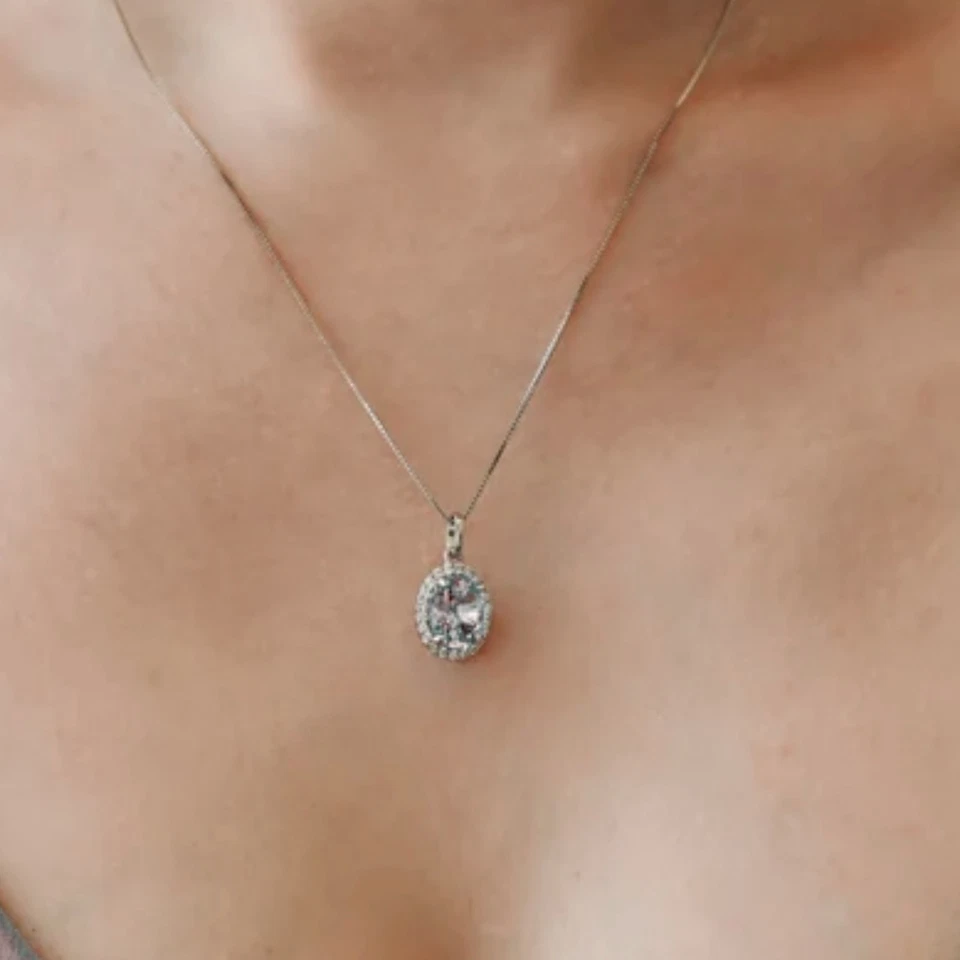 Collar Colgante Aguamarina Plata 925 Diamante Halo Colgante Regalo Para Ella Foto 2 de 4