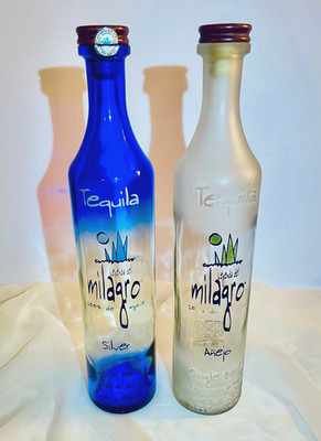 Milagro Tequila VINTAGE LOGO Anejo and Silver Blue 750ml Bottles Empty 2 Bottles