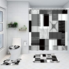 Black Shower Curtain Sets with Non-Slip Rugs,Toilet Lid Cover and Bath Mat,Wh...