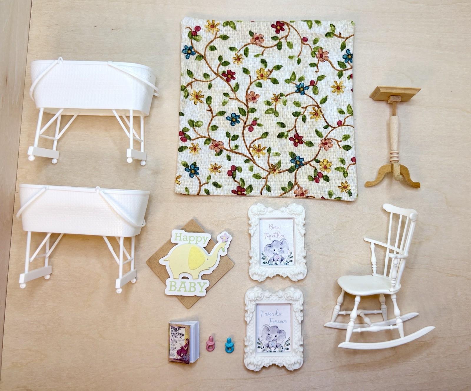 Dollhouse Miniature 1:12 Nursery Set For TWINS! 2 Bassinets Rocking Chair 11 Pcs