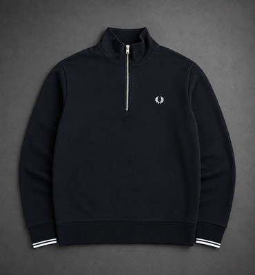 Fred Perry Herren Sweatshirt Pullover Half-Zip Stehkragen Schwarz Logo M