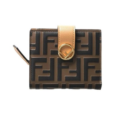 FENDI Gold-finished FF pattern-embossed calfskin wallet women's 4.3x1.1x3.5 in