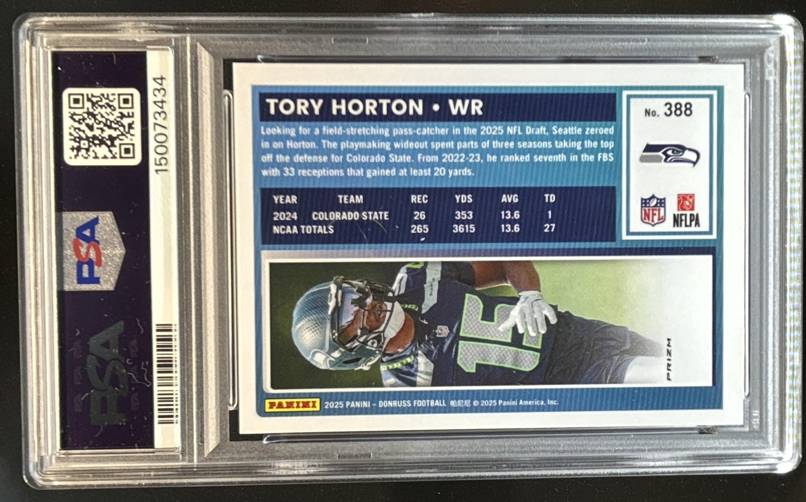 2025 Donruss Tory Horton Optic Rated Rookie Preview Football Emoji #388 PSA 10 view 2