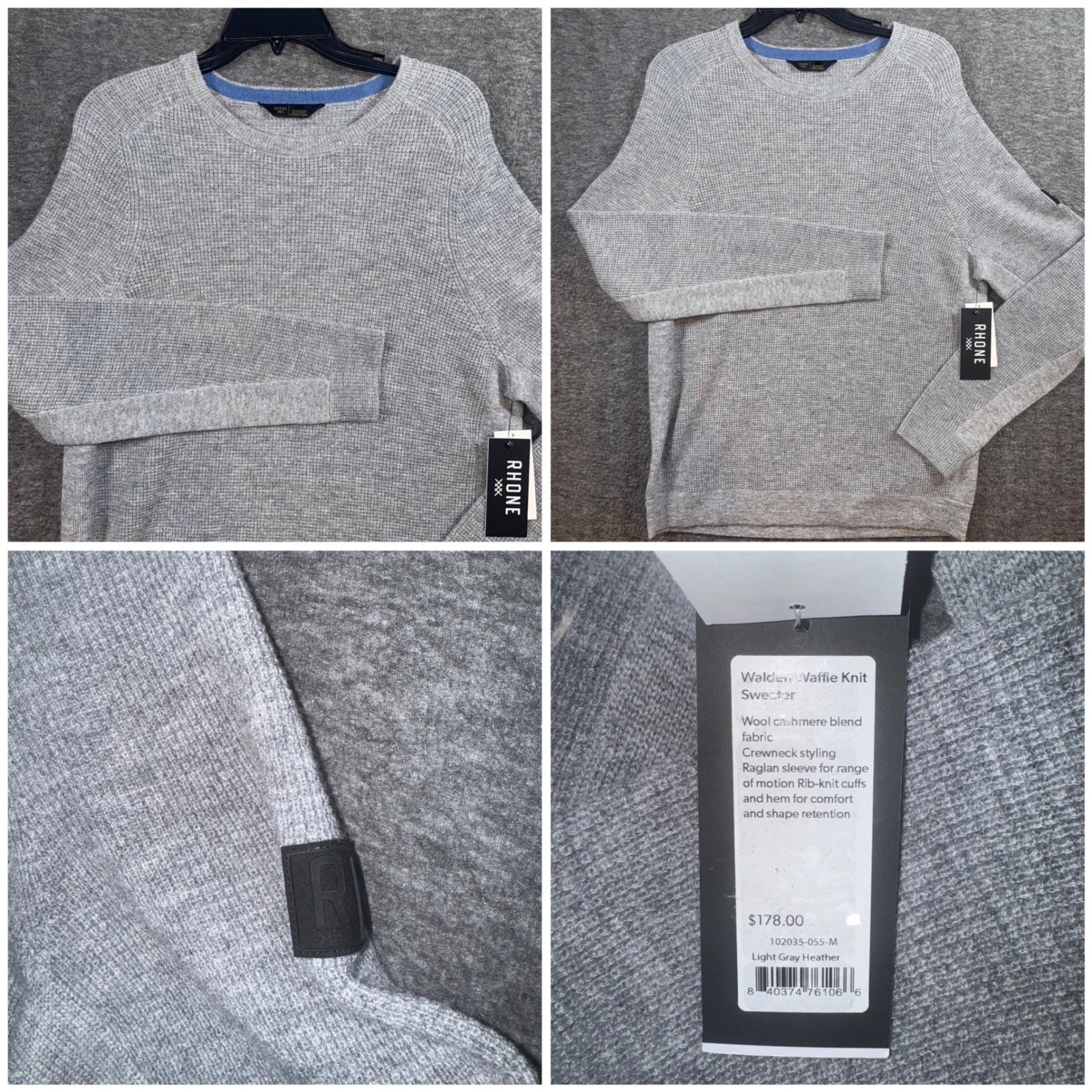 RHONE Mens Small Walden Waffle Knit Sweater Light Gray Wool Cashmere Blend NEW