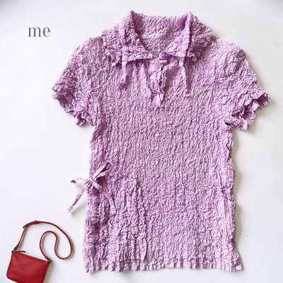 Issey Miyake Me Cut & Sew Pink Lila Kurzarm Plissee Deformiert Top
