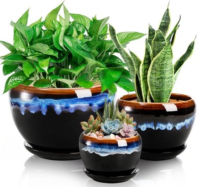 3 Pack Ceramic Flower Pots with Drainage, Rustic Planters for Succulents & Herbs