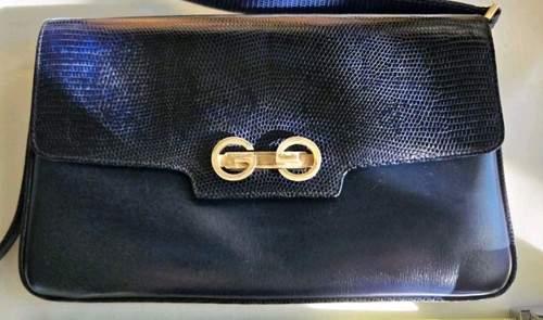 Vintage Gucci Navy Lizard Leather GG Shoulder Bag w Box Dust Bag Coin Purse