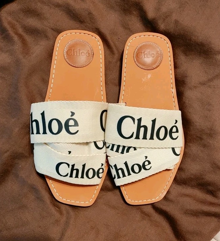Chloe Woody Flat Sole Slide Sandals Women’s Size 38 Beige Black Script