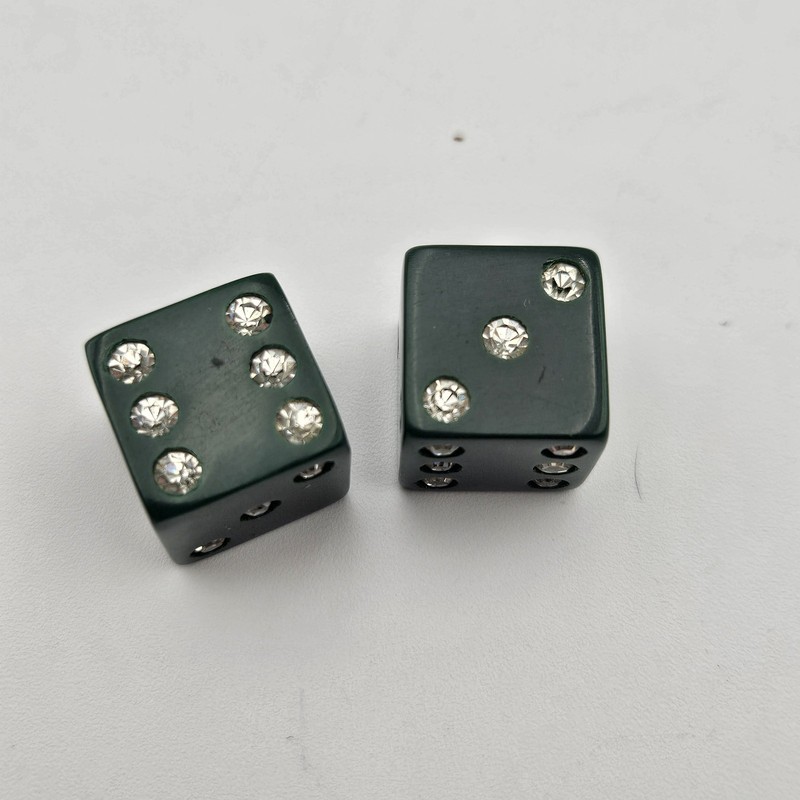 RARE Vintage Darkened Green Celluloid Dice Set With Faux Diamond Pips
