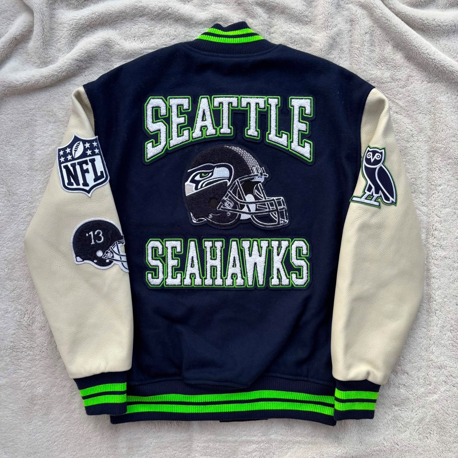 OVO x NFL Seattle Seahawks Leather Varsity Jacket - Medium - Authentic - New image 5