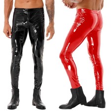 Men's Faux Leather Shiny Tights Skinny Motorcycle Biker Pants PVC Long Trousers