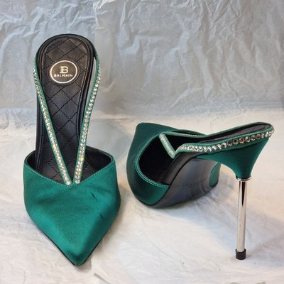 Balmain Paloma Emerald Satin Mules Heeled Shoes US 8.5 IT 38.5 Retail $850
