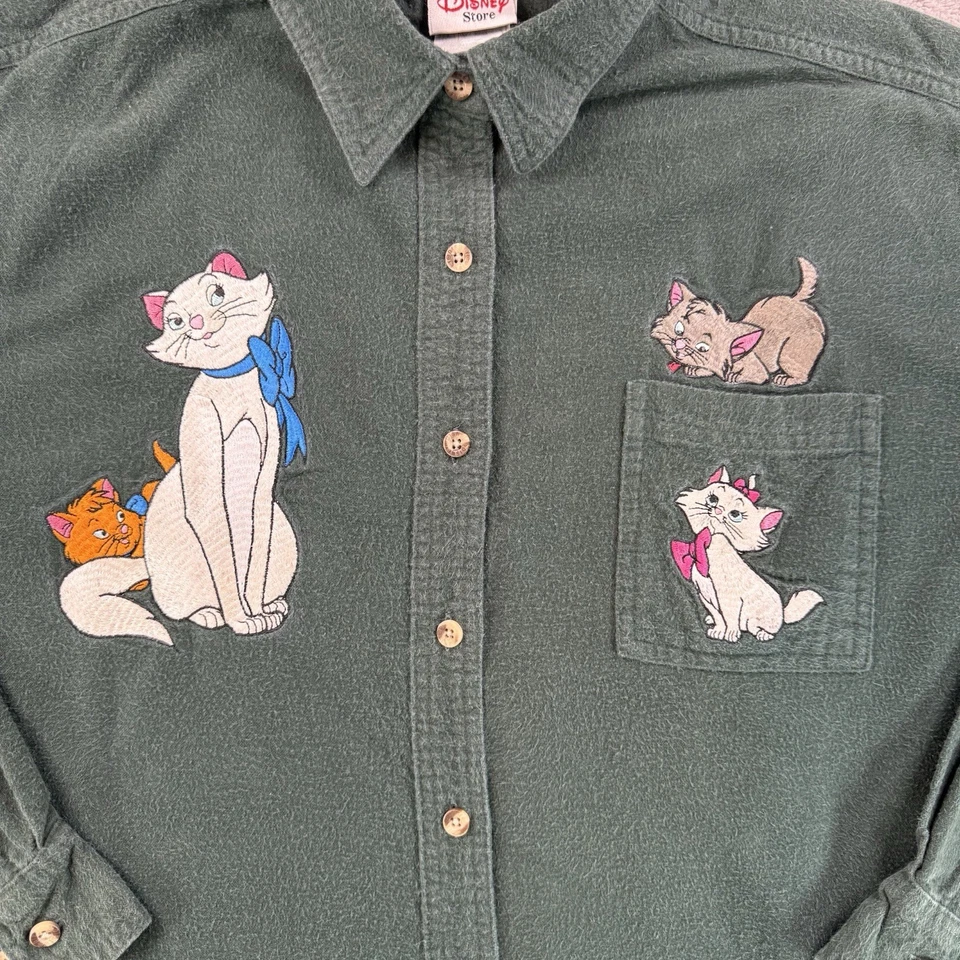 Vintage Disney Aristocats Flannel Shirt L Green Marie Toulouse Berlioz 90s -RARE - Image 2 of 4