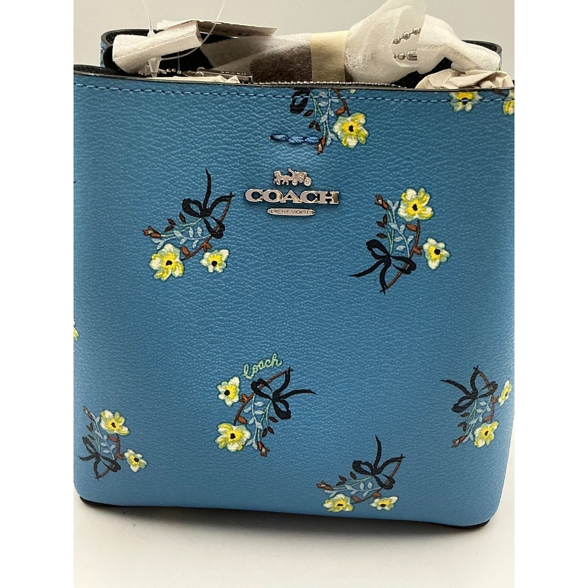 Coach Mini Town Bucket Bag Blue Multi Floral Bow Print Crossgrain