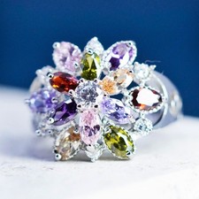 Size 6.5, vtg Sterling 925 silver snowflake flower ring w/ cluster Colorful Cz